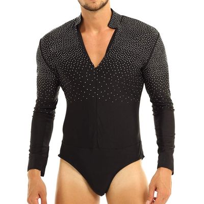 Loloda Men's Long Sleeve Bodysuit Leotard Sequin Gymnastic Latin Dance Romper Undershirt Costume Zip Front Black Large