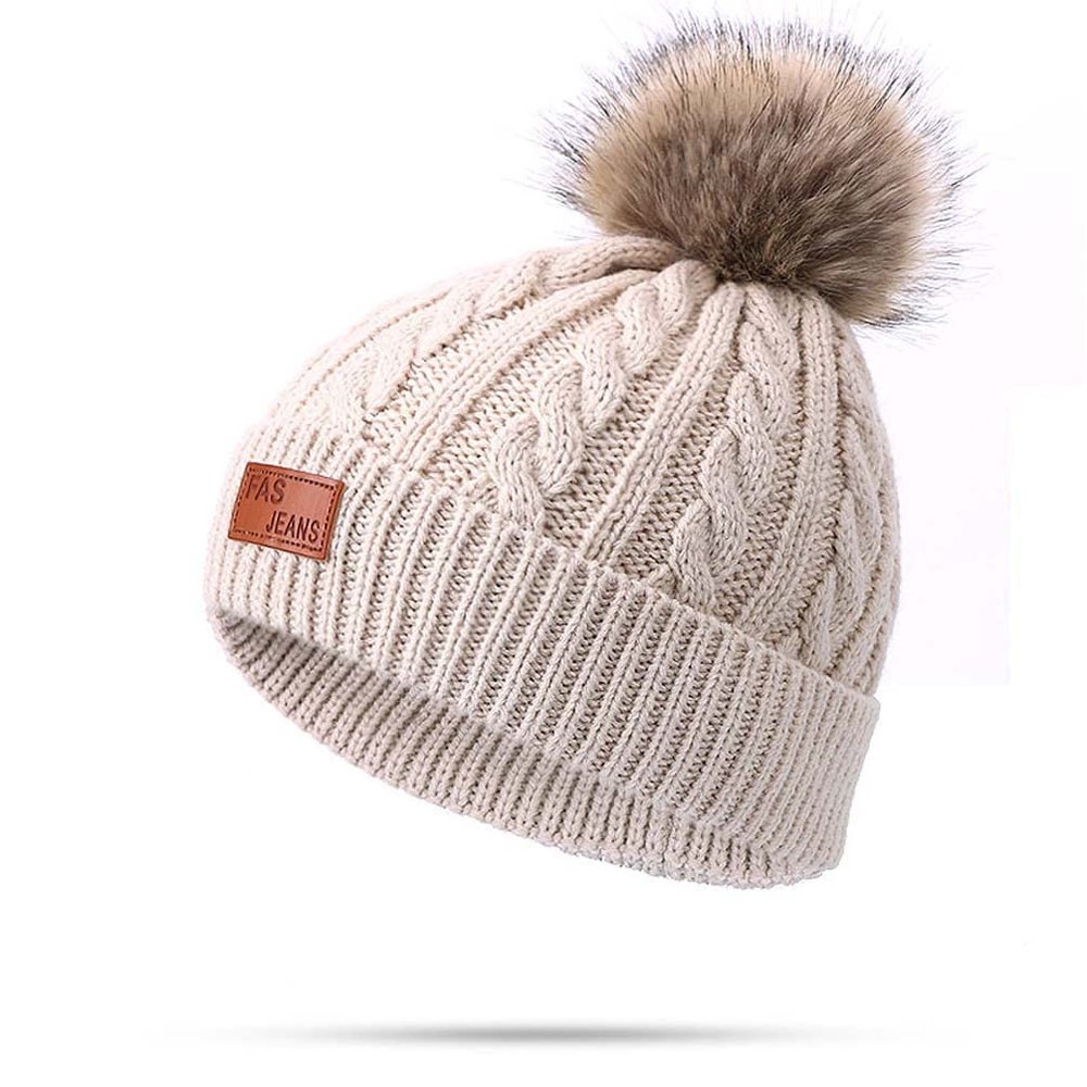 Kids Winter Warm Beanie Hat Scarf Set 2pcs Baby Knit Hat Scarf Thermal Pom Bobble Hat for Girls Boys Aged 1-8 (Beige(1 Ball hat),One Size)
