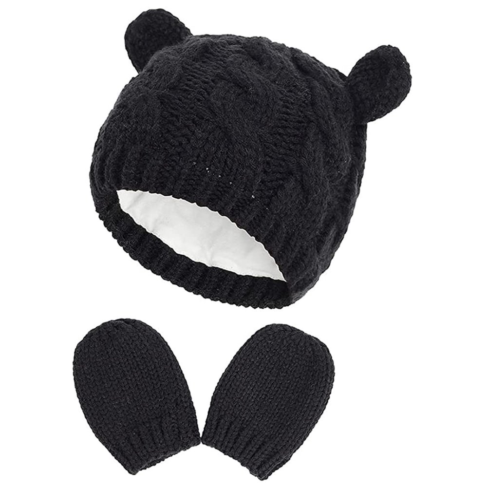 ZJXC Baby Hat Glove Set Soft Newborn Mittens Baby Girl Boys Knitted Toddler Cap Infant Winter Mitten Sets (Black,3-6 Months)