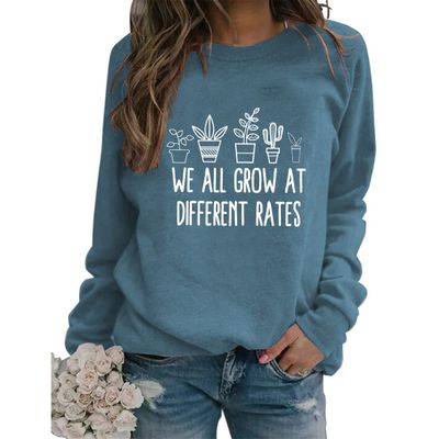 We All Grow At Different Rates Womens Plants Graphic Sweatshirts Novelty Long Sleeve Crewneck Pullover Gift for Teacher Blue