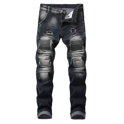 Kaxiya2021 Men's Ripped Slim Biker Jeans Stretch Distressed Straight Patchwork Moto Denim Pants Hole Patch Jean Trousers (42,Grey)
