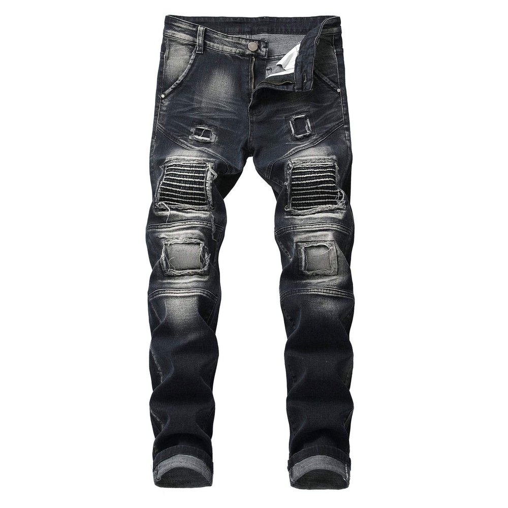 Kaxiya2021 Men's Ripped Slim Biker Jeans Stretch Distressed Straight Patchwork Moto Denim Pants Hole Patch Jean Trousers (42,Grey)