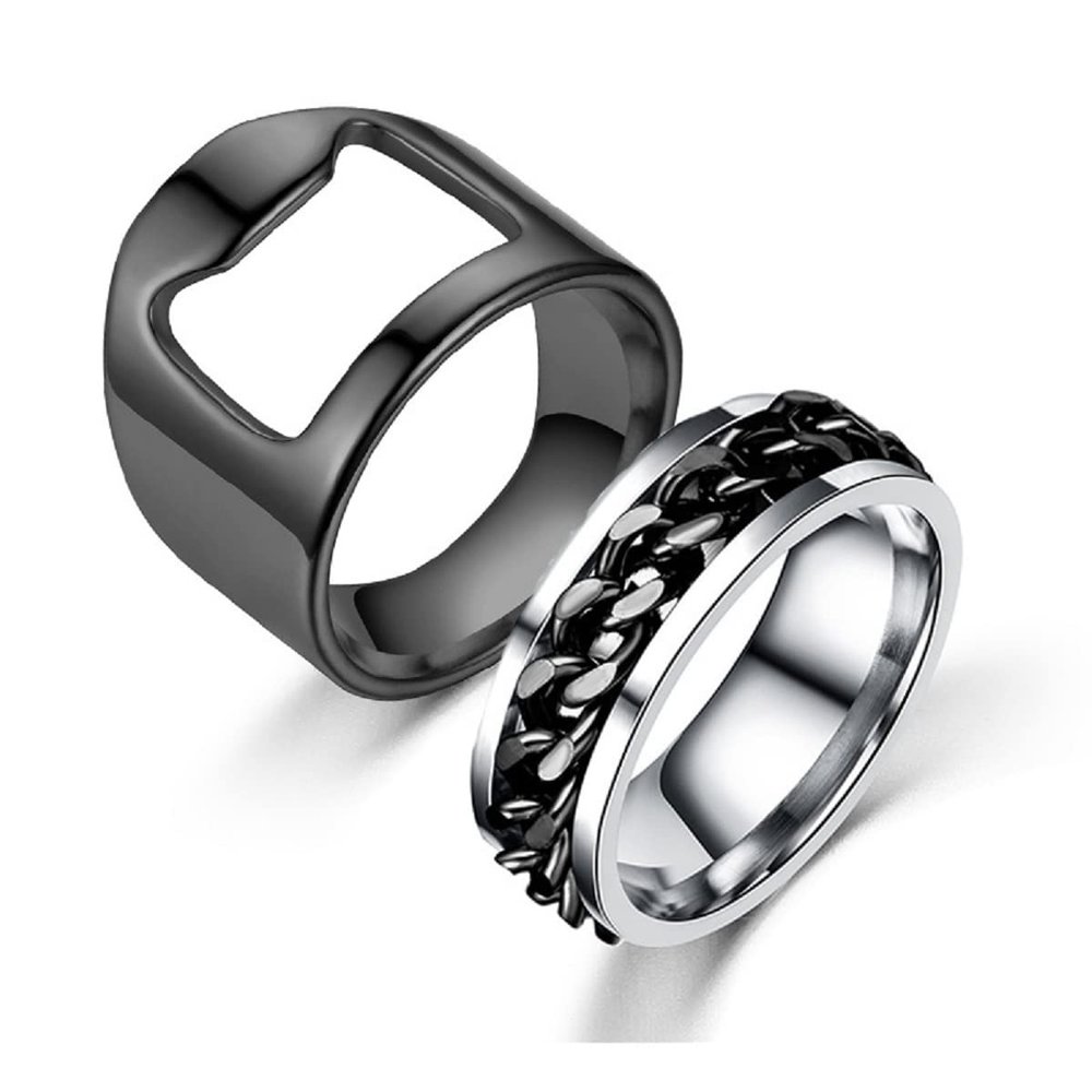 2pcs Stainless Steel Bottle Opener Rings Set Spinner Chain Thumb Beer Bar Opening Ring for Men Women Creative Party Jewelry-Black 7