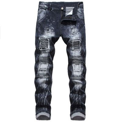 Kaxiya2021 Men's Ripped Slim Biker Jeans Stretch Distressed Straight Patchwork Moto Denim Pants Hole Patch Jean Trousers (42,Black)