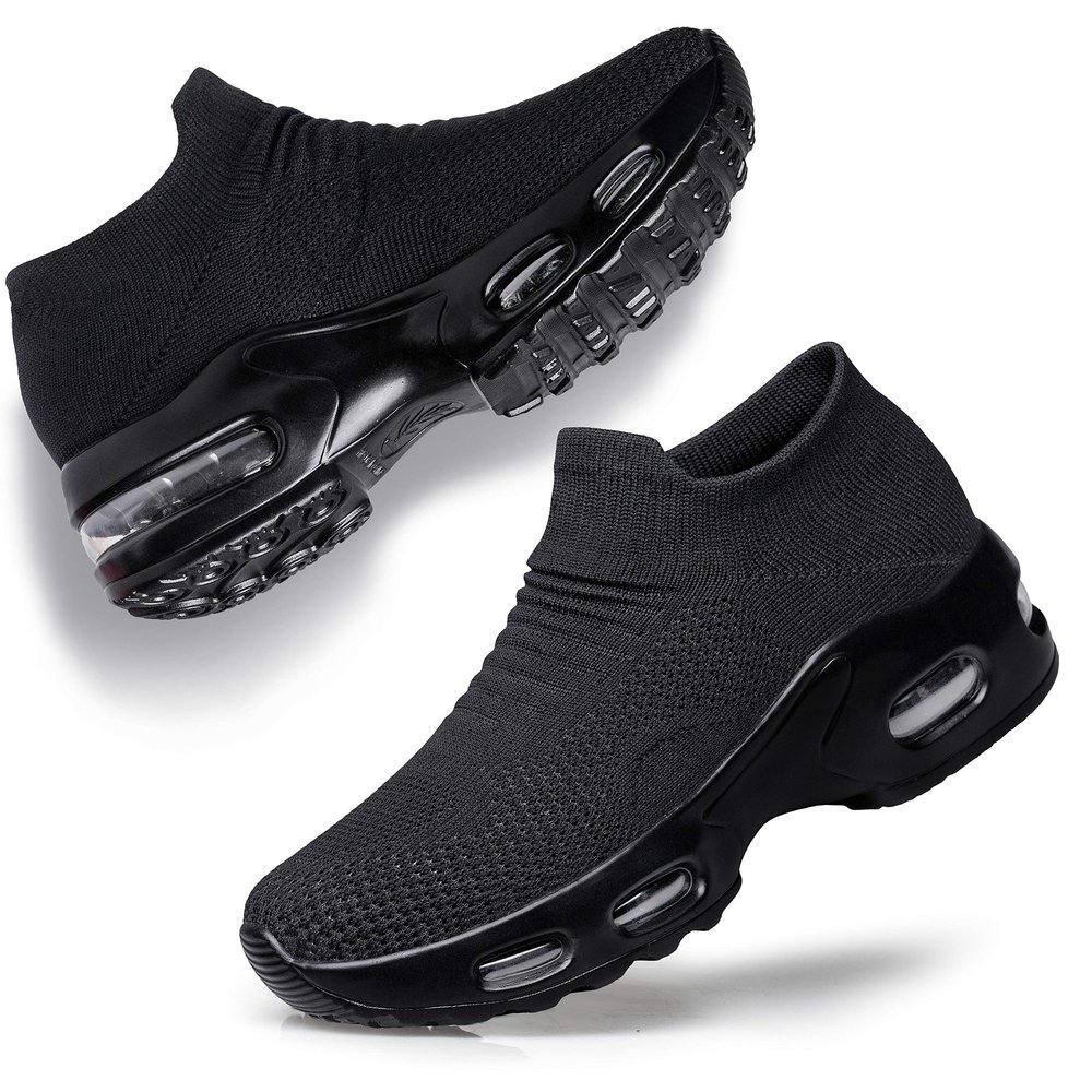 YHOON Women's Slip On Walking Shoes Breathable Lightweight Mesh Casual Running Jogging Sneakers Air Cushion All Black Size 12