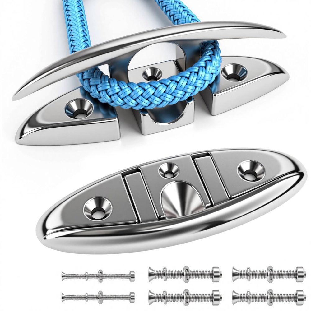 WTMORE Boat Cleat 6 inch 316 Stainless Steel Folding Cleats Marine Grade Rope Cleat Flip Up Dock Cleat for Boat Kayak and Decoration with Fastener, 2 Pack