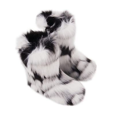 Saralis Girls Fur Snow Boots Fluffy Furry Boots For Women Children Winter Warm Boot Fuzzy Cute Rubber Flat Non-slip Kids Boots Outdoor Flat Shoes (Black and White Flowers, 10.5, numeric_10_point_5)