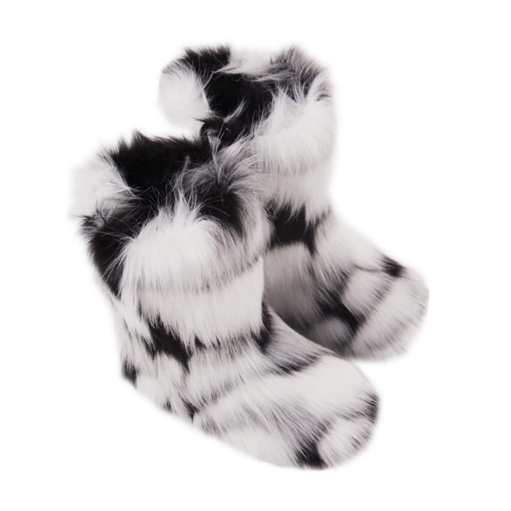 Saralis Girls Fur Snow Boots Fluffy Furry Boots For Women Children Winter Warm Boot Fuzzy Cute Rubber Flat Non-slip Kids Boots Outdoor Flat Shoes (Black and White Flowers, 10.5, numeric_10_point_5)