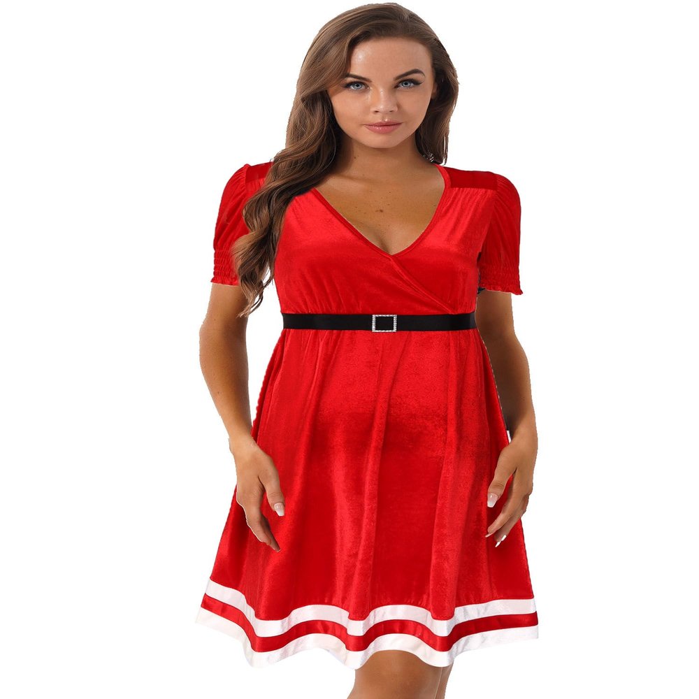 YiZYiF Women's Mrs Santa Claus Long Sleeve Costume Christmas Fancy Dress Outfits V Neck Red X-Large