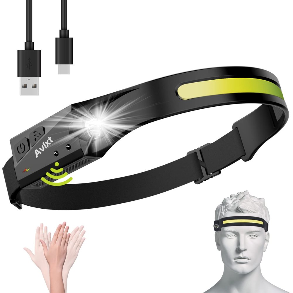 Avlxt LED Headlamp Rechargeable Flashlight, 230 Wide Beam Headlight, Head Lamp with Motion Sensor Bright 5 Modes, Lightweight Outdoor Waterproof Head Light for Camping, Running, Hiking, Fishing