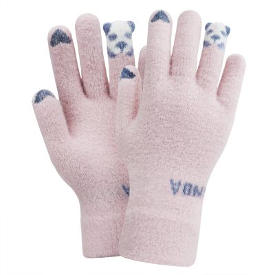 FakeFace Cute Panda Winter Wool Touchscreen Gloves for Women Girls Windproof Warm Knit Texting Gloves Mittens Gift for Christmas Day New Year (Pink Knit)