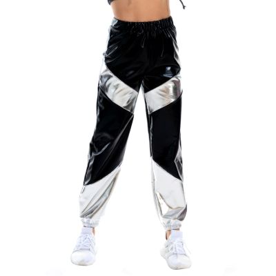 IWEMEK Women Metallic Shiny Jogger Pants High Waist Patent Holographic Sweatpants Bicolor Contrast Color Block Punk Style Disco Dance Hip Hop Trousers Club Wear Black+Silver Small