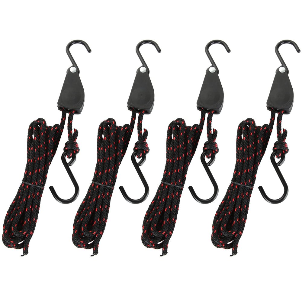 DAJAVE 4 Pack Kayak Rope Tie Downs Ratchet Straps, 1/4" x 11.8ft Kayak Ratchet Tie Downs Canoe Bow and Stern Tie Down Straps, Heavy Duty Adjustable Rope Clip Tie Down Kayak and Canoe Accessories