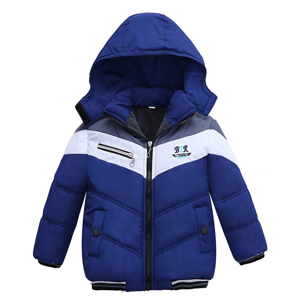 Ikevan Kids Boys Thick Cotton Padded Parka Jacket Toddler Winter Stripe Jacket Zipper Hooded Windproof Coat 12M-4T (Blue, 12-18 Months)