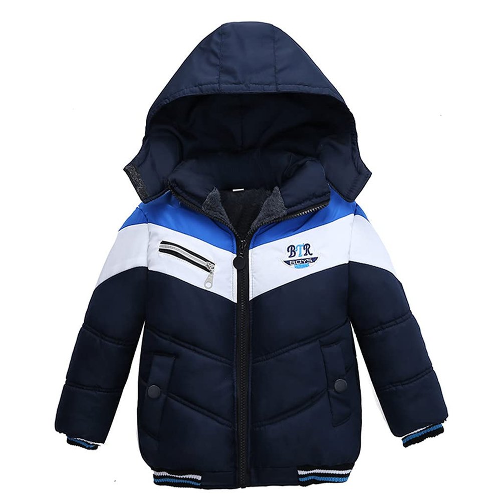 Ikevan Kids Boys Thick Cotton Padded Parka Jacket Toddler Winter Stripe Jacket Zipper Hooded Windproof Coat 12M-4T (Navy, 3-4 Years)