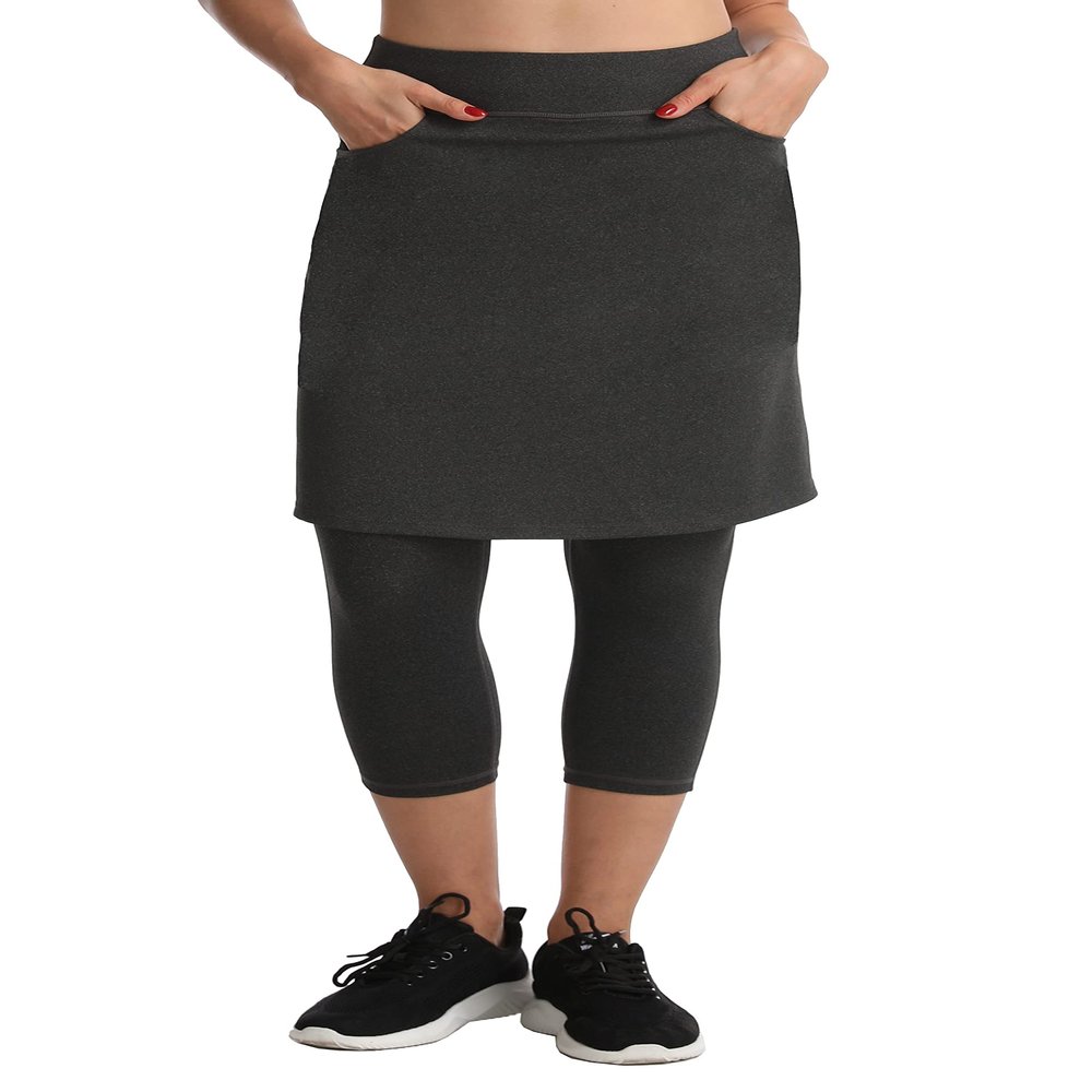Modest Skirt with Leggings Attached for Women Workout Knee Length Skort Capris Pants with 2 Pockets d_gy s Deep Grey