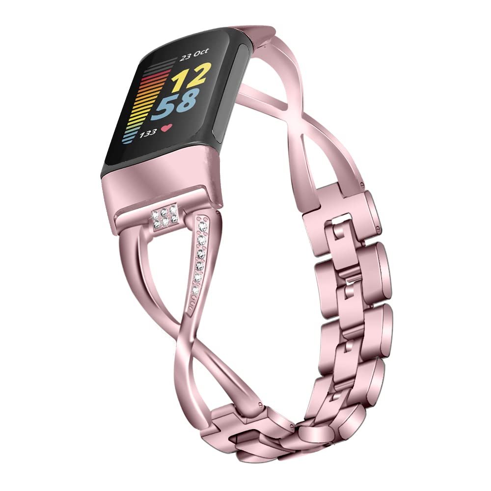 Metal Strap Compatible with Fitbit Charge 5,KangPlus Women Girl Adjustable Metal Band Stainless Steel Solid Replacement Strap Wristband Compatible with Fitbit Charge 5 - Pink