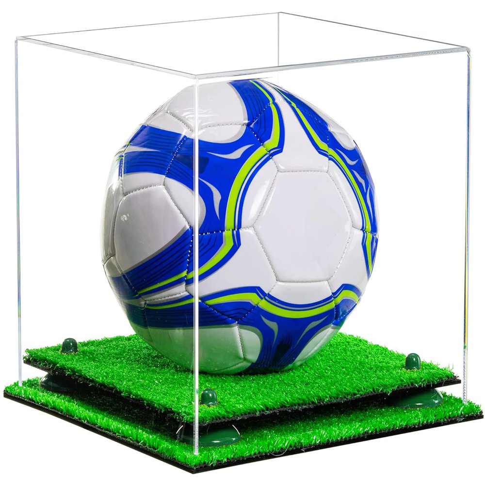 Better Display Cases Acrylic Display Case for Collectibles, Full Size Soccer Ball Display Case,Green Risers & Turf Base, Handcrafted Showcase Box.DIM;9.75" L x 9.75" W x 9.75" H. (B02/A027)