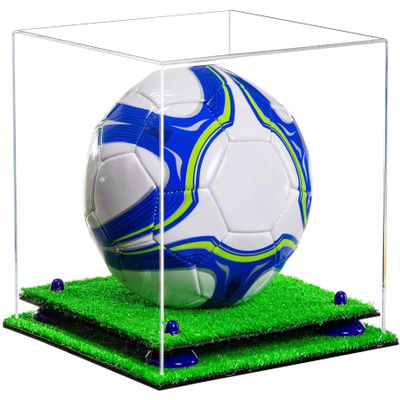 Better Display Cases Acrylic Display Case for Collectibles, Full Size Soccer Ball Display Case,Navy Blue Risers & Turf Base, Handcrafted Showcase Box.DIM;9.75" L x 9.75" W x 9.75" H. (B02/A027)