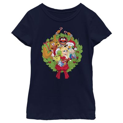 Girl's The Muppets Christmas Wreath Group Shot T-Shirt - Athletic Heather - Large