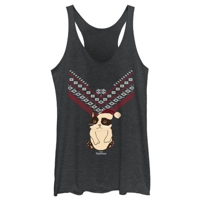 Marvel Hawkeye Cat Ugly Christmas Sweater Poster Juniors Tri Blend Tank, Black Heather, Small