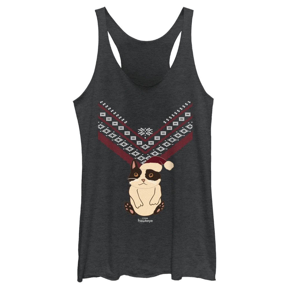 Marvel Hawkeye Cat Ugly Christmas Sweater Poster Juniors Tri Blend Tank, Black Heather, Small