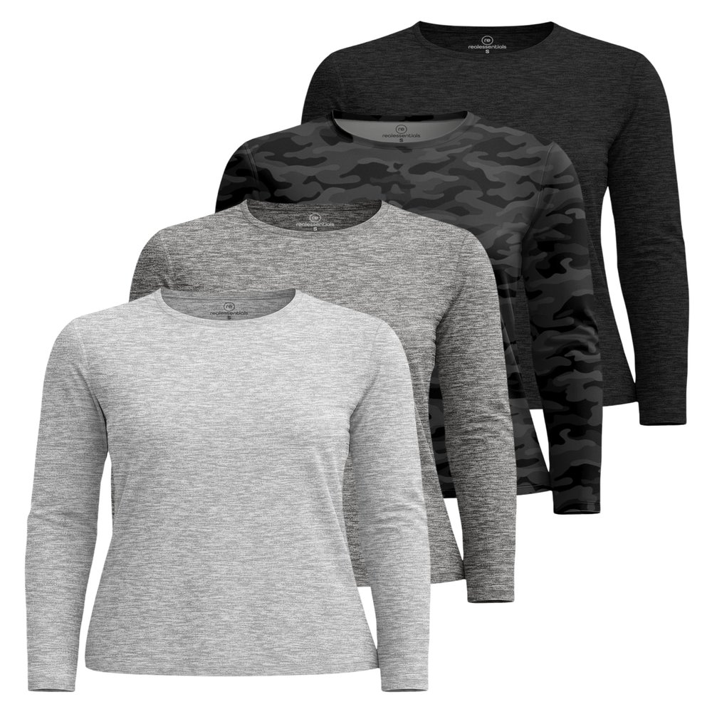 Real Essentials 4 Pack: Women's UPF 50+ Quick Dry Fit Sun Shirts Long Sleeve UV SPF Hiking Top Outdoor (Available in Plus), Set 5, XL,