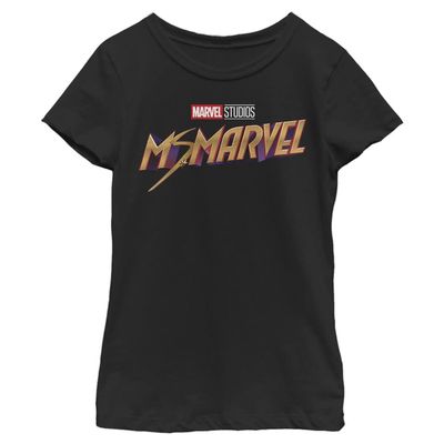 Marvel Ms Bronze Movie Logo Girls T-Shirt, Black, Large