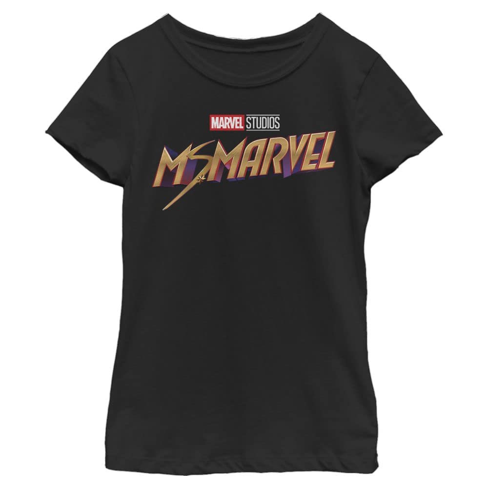 Marvel Ms Bronze Movie Logo Girls T-Shirt, Black, Large