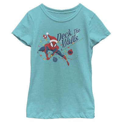 Marvel Spider-Man Deck The Walls Holiday Girls T-Shirt, Tahiti Blue, Large