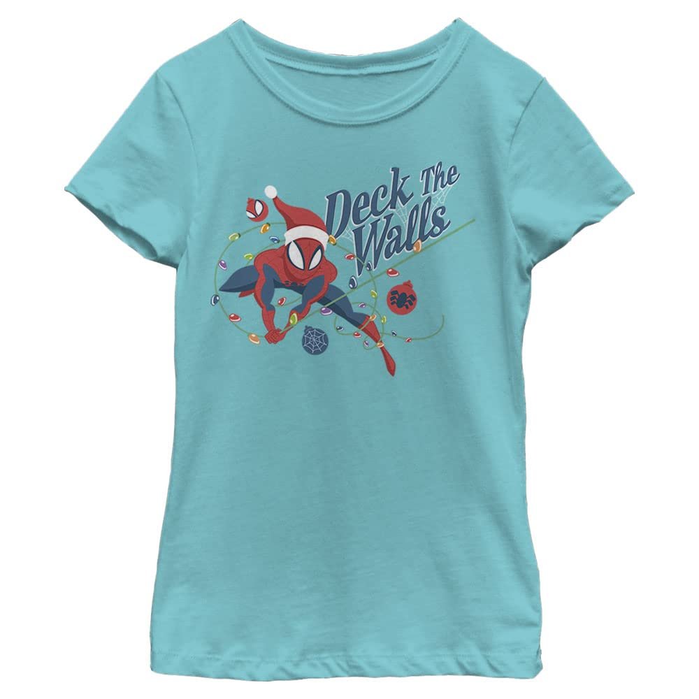 Marvel Spider-Man Deck The Walls Holiday Girls T-Shirt, Tahiti Blue, Large