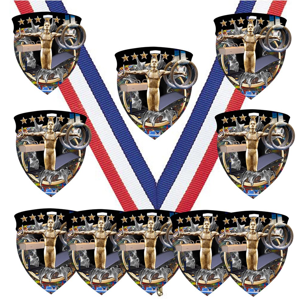 10 Pack Large 3 Inch Shield Shape Boys Male Gymnastics Medals Trophy Team Award with Neck Ribbons CSM