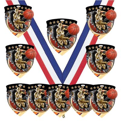 10 Pack Large 3 Inch Shield Shape Boys Mens Basketball Medals Trophy Team Award with Neck Ribbons CSM