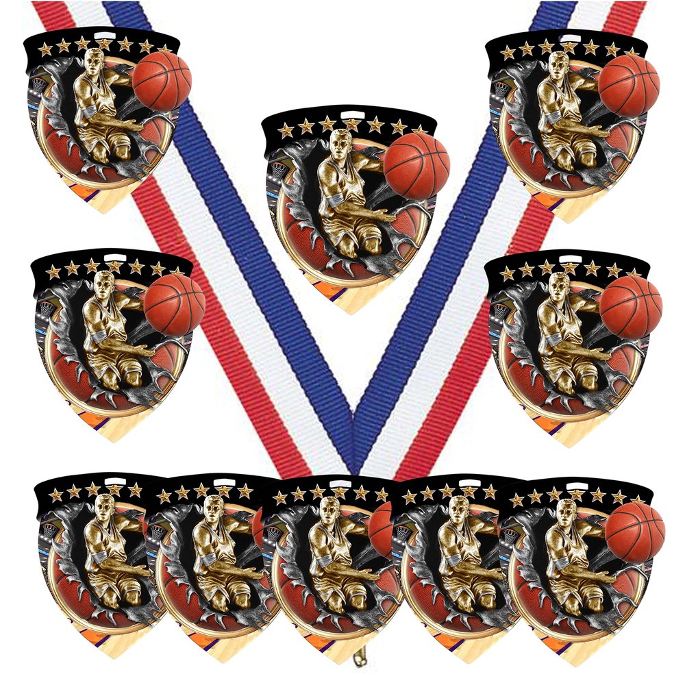 10 Pack Large 3 Inch Shield Shape Boys Mens Basketball Medals Trophy Team Award with Neck Ribbons CSM