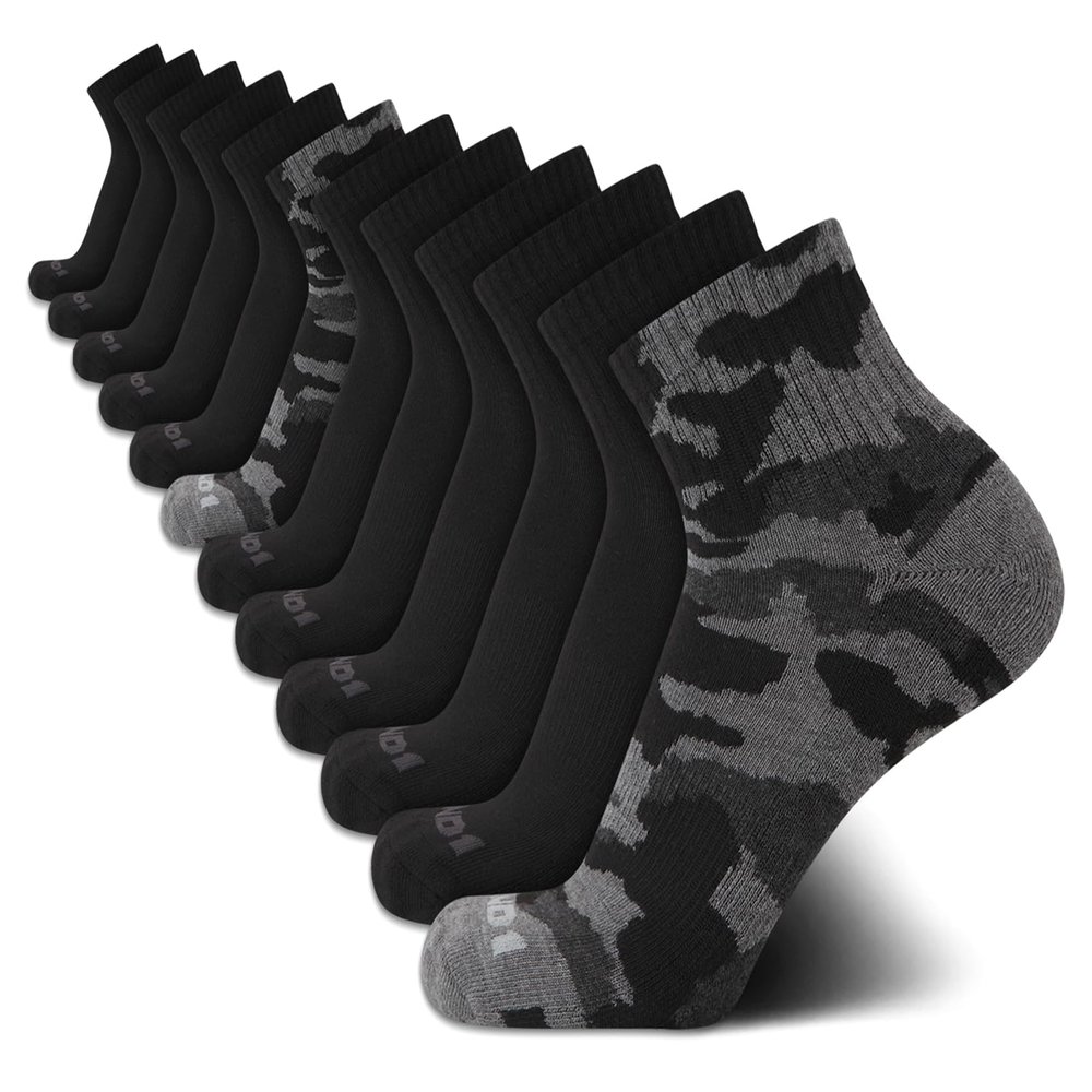 AND1 Mens Quarter Socks - 12 Pack Moisture Wicking Breathable Cushioned Athletic Performance Ankle Socks for Men (6-12.5), Size 6-12.5, Black Camo