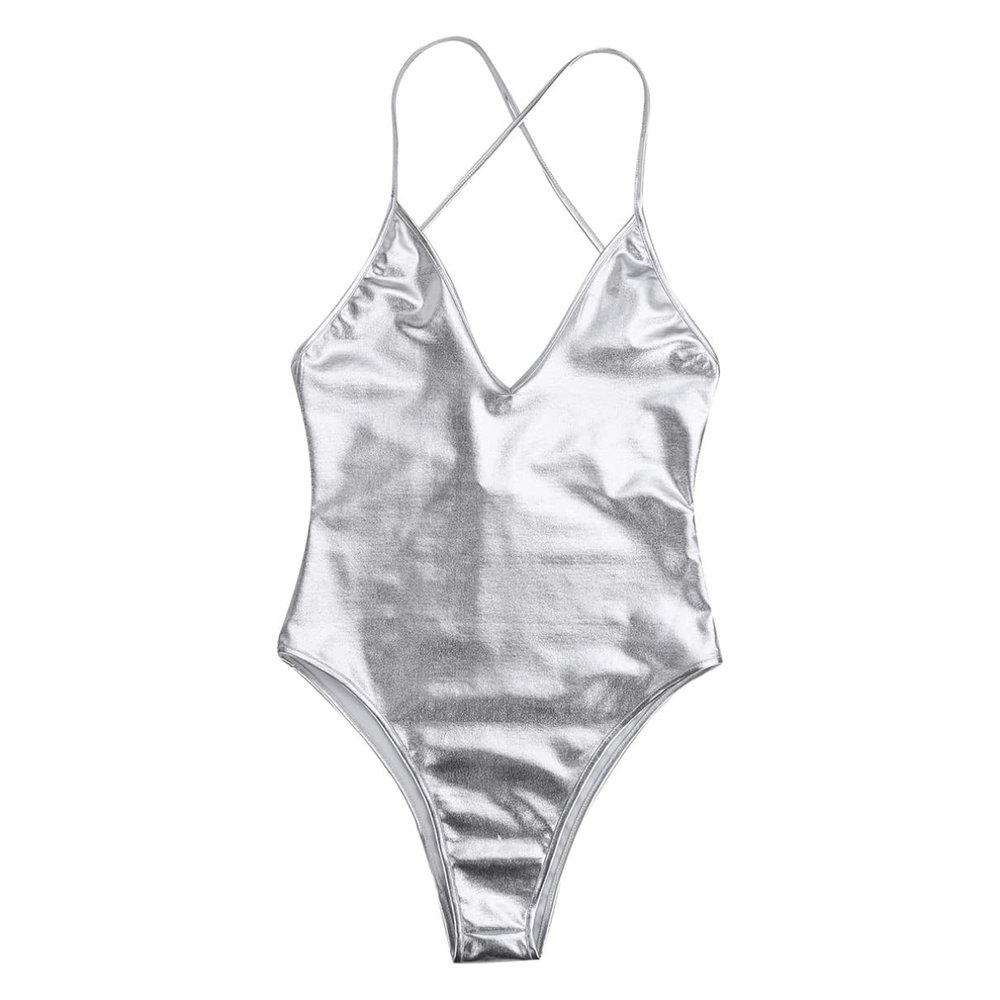 winying Womens One Piece Shiny Metallic Leotard PVC Leather Halter Neck Zipper Crotch Bodysuit Silver Medium