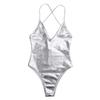winying Womens One Piece Shiny Metallic Leotard PVC Leather Halter Neck Zipper Crotch Bodysuit Silver Medium view 1