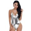 winying Womens One Piece Shiny Metallic Leotard PVC Leather Halter Neck Zipper Crotch Bodysuit Silver Medium view 2