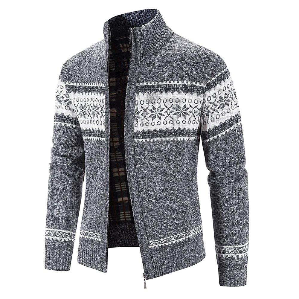 tuduoms Mens Casual Stand Collar Cardigan Velvet Lined Zip Up Cable Knitted Sweater Winter Warm Comfy Knit Sweaters Knitwear