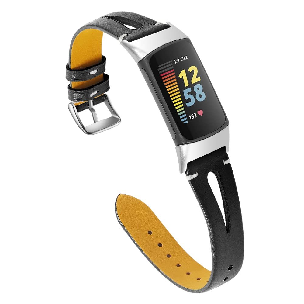 AISPORTS Compatible with Fitbit Charge 6/Charge 5 Band Leather for Women Men, Soft Slim Hollow Breathable Leather Sport Wristband Metal Buckle Bracelet Replacement Strap for Fitbit Charge 6/Charge 5