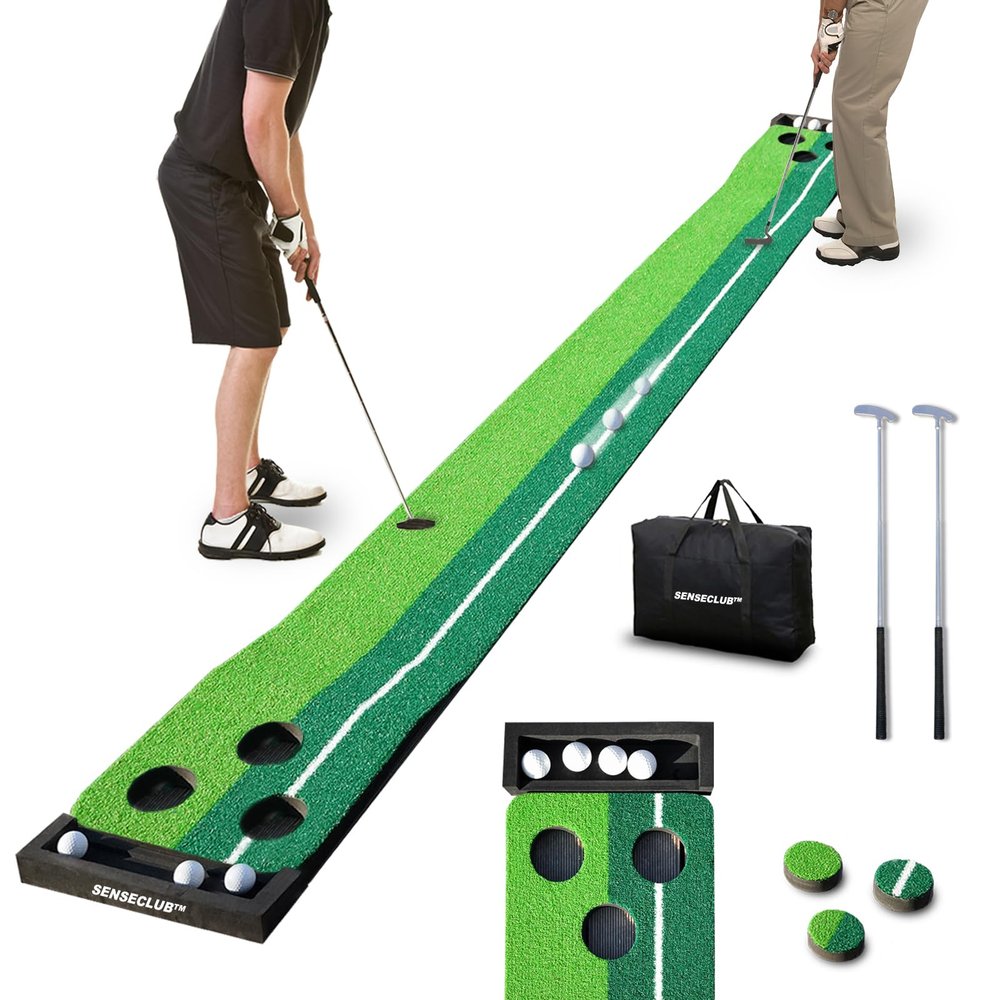 SENSECLUB Indoor Putting Green, Foldable Putting Mat Golf Game Set, Golf Gifts for Men - 1x8.5 Ft with 2 Putters