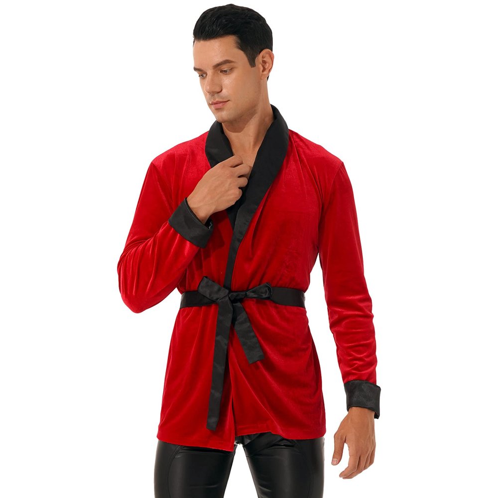 YOOJOO Men's Velvet Smoking Robe Jacket With Belt Funny Halloween Christmas Cosplay Costume Red 4X-Large