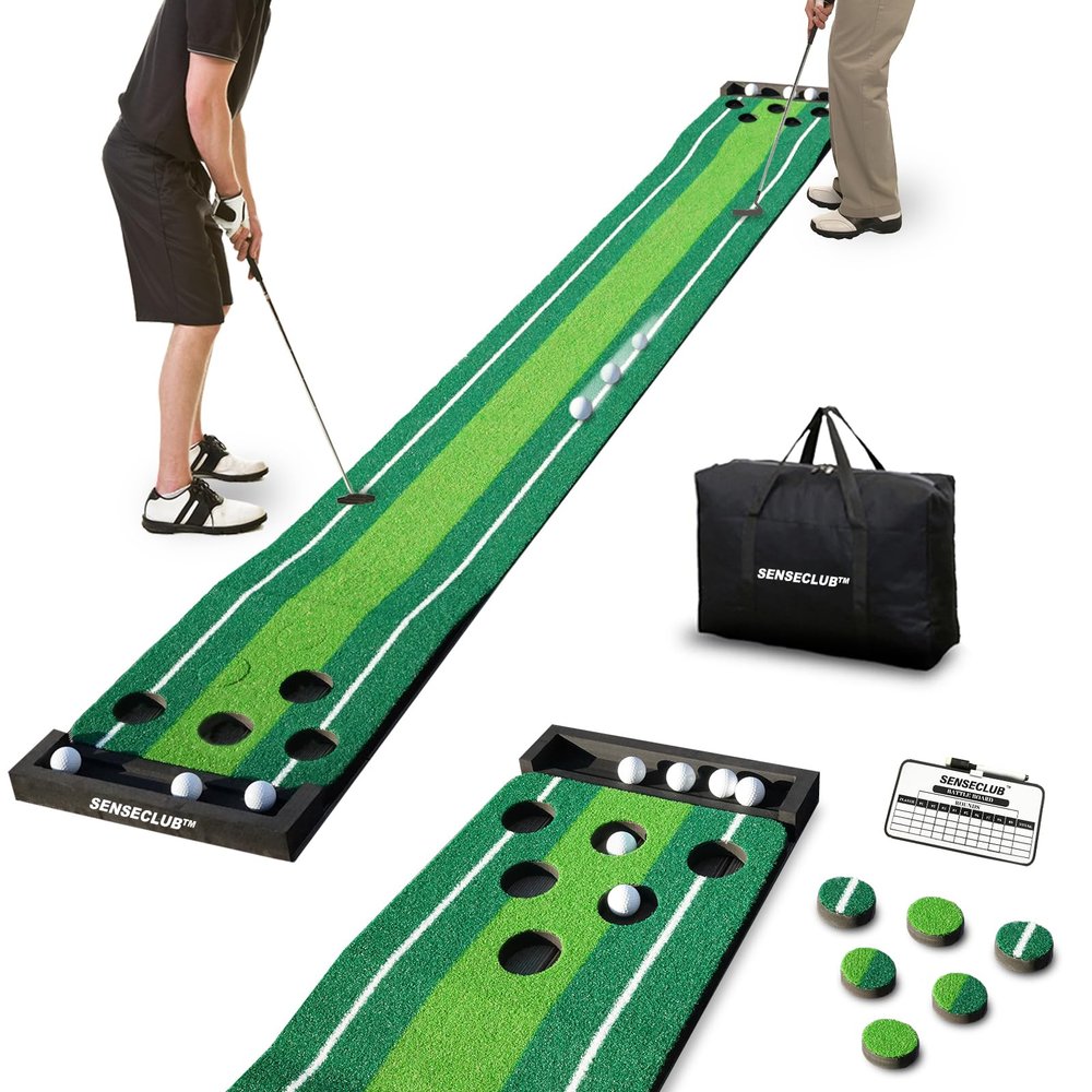 SENSECLUB Golf Putting Game Set, Indoor Foldable Putting Green Mat 12 Holes, Golf Gifts for Men - 1.5x11.5 Ft with Ball-Collect System