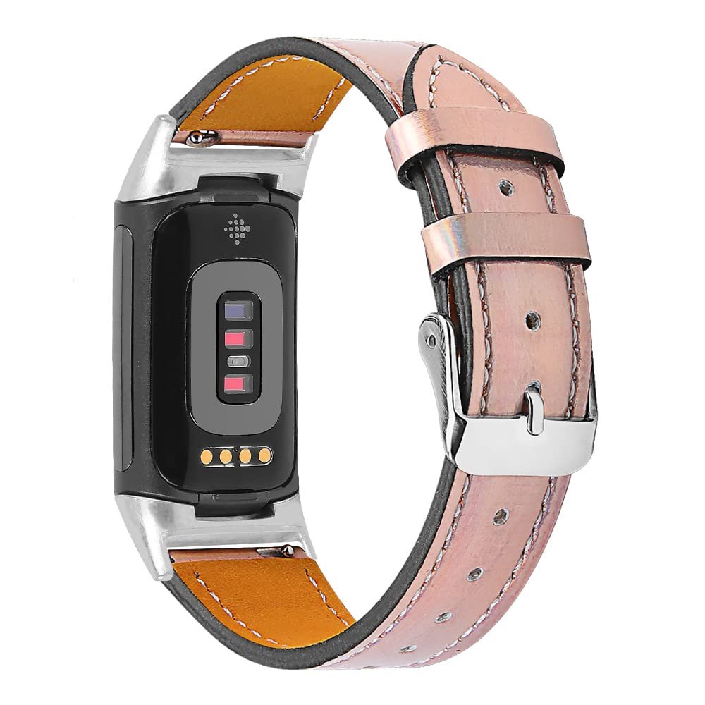 AISPORTS Leather Band Compatible with Fitbit Charge 5 Band for Women Men, Soft Breathable Leather Sport Wristband Metal Classic Buckle Bracelet Replacement Band for Fitbit Charge 5 Activity Tracker