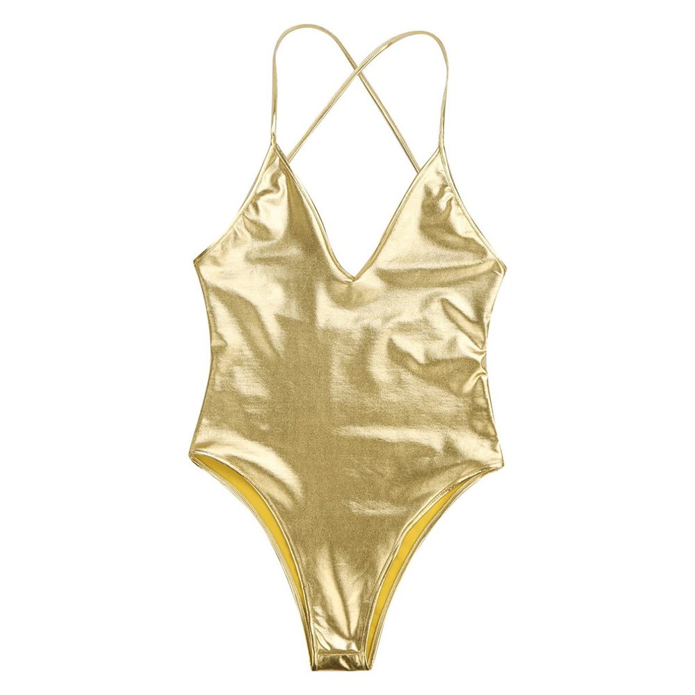 winying Womens One Piece Shiny Metallic Leotard PVC Leather Halter Neck Zipper Crotch Bodysuit Gold Medium