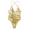 winying Womens One Piece Shiny Metallic Leotard PVC Leather Halter Neck Zipper Crotch Bodysuit Gold Medium view 1