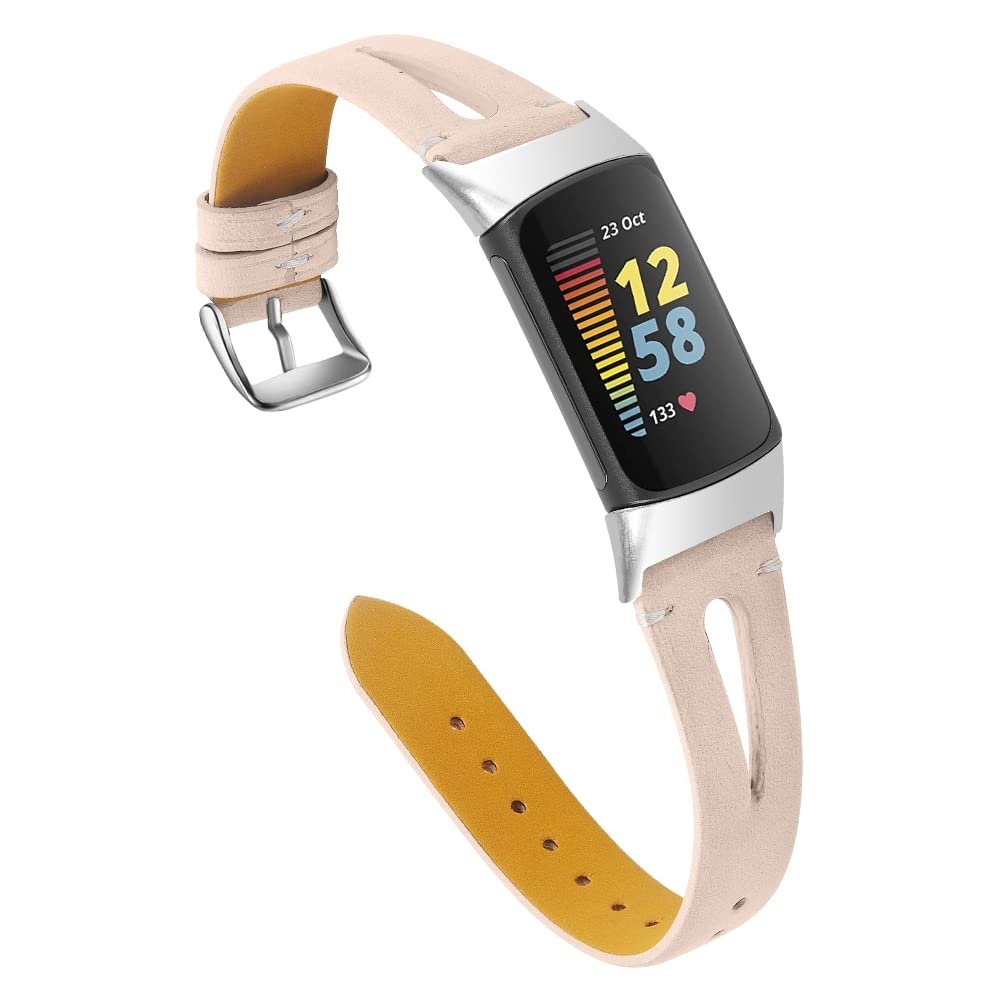 AISPORTS Compatible with Fitbit Charge 6/Charge 5 Band Leather for Women Men, Soft Slim Hollow Breathable Leather Sport Wristband Metal Buckle Bracelet Replacement Band for Fitbit Charge 6/Charge 5