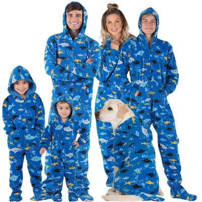 Footed Pajamas - Family Matching School of Sharks Hoodie One Pieces for Boys, Girls, Men, Women and Pets - Infant - Small (Fits 0-3mos.)