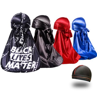 4PCS Silky Durags for Men 360 Waves, Designer Do Rag, 1 Wave Cap Black
