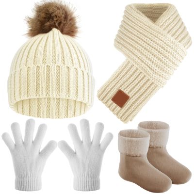Syhood 4 Pcs Winter Kids Beanie Hat Scarf Gloves Socks Knit Set, White